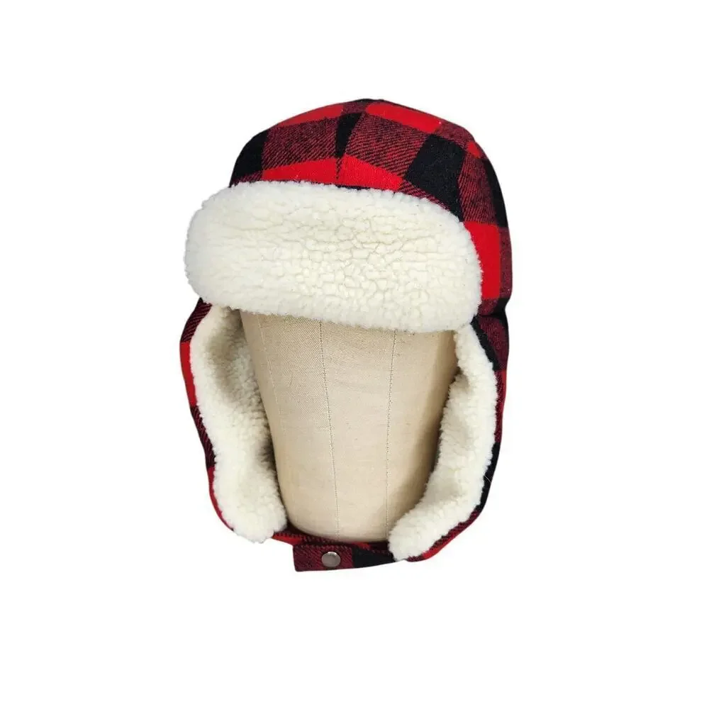Levi's Plaid Trapper Hat Red Black Sherpa Faux Fur Winter Quilted Wool